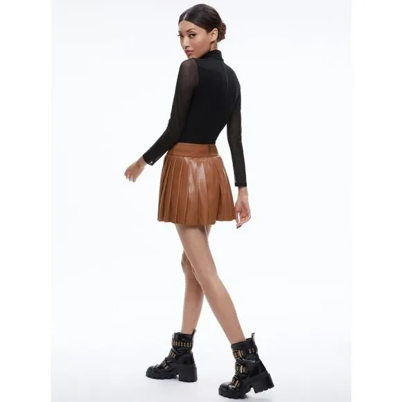 Alice + Olivia Pura Vegan Leather Pleated Skort Camel Brown 6 - Picture 5 of 6